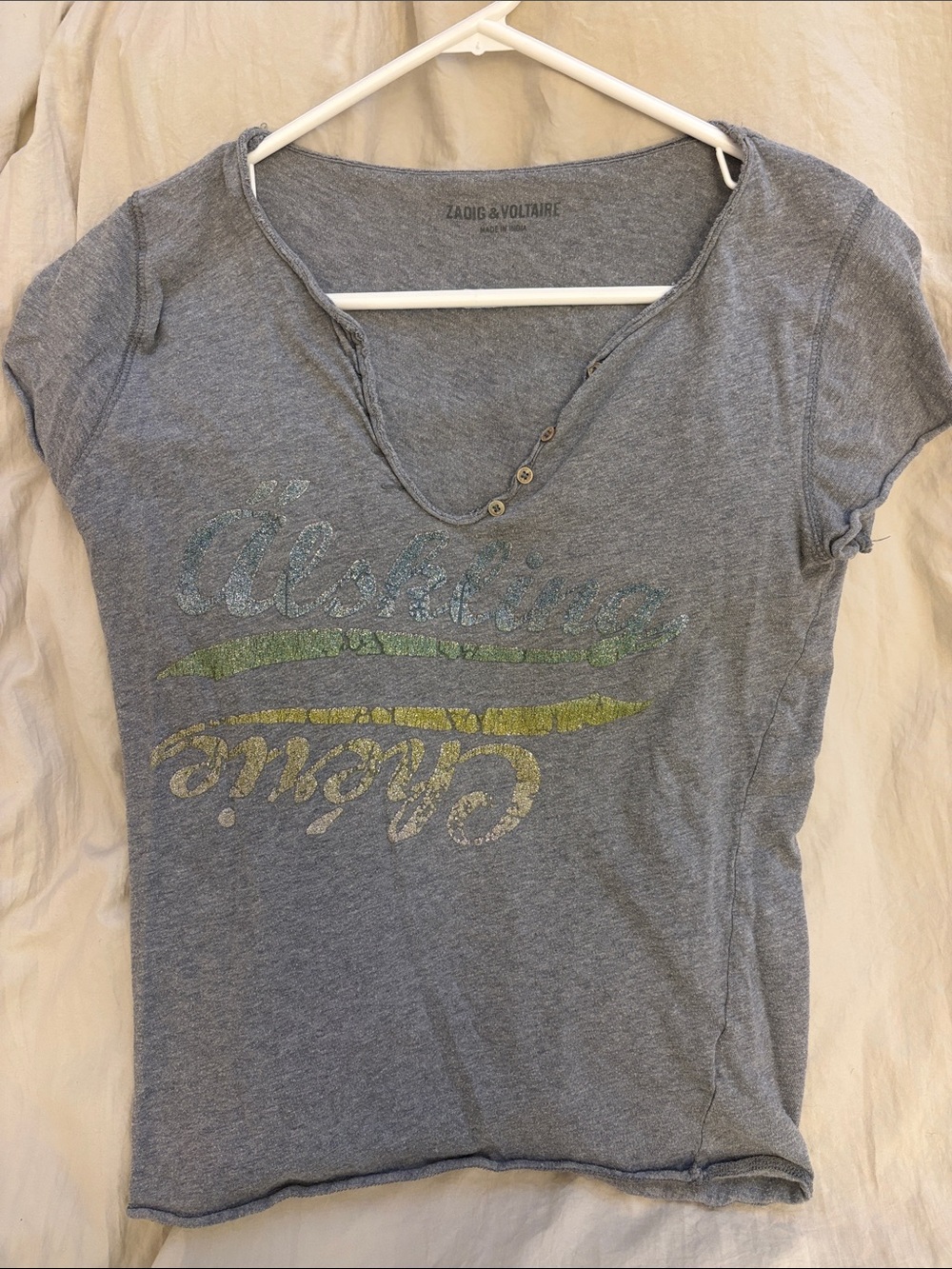 Zadig & Voltaire Gray Graphic V-Neck Short Sleeve Tee